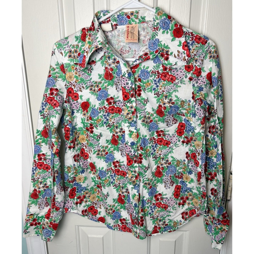 Ranger Western Pearl Snap Shirt Women's Large White Floral Vintage